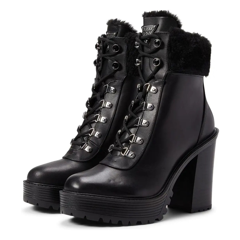 Guess Black Fur-Trimmed Heeled Boots